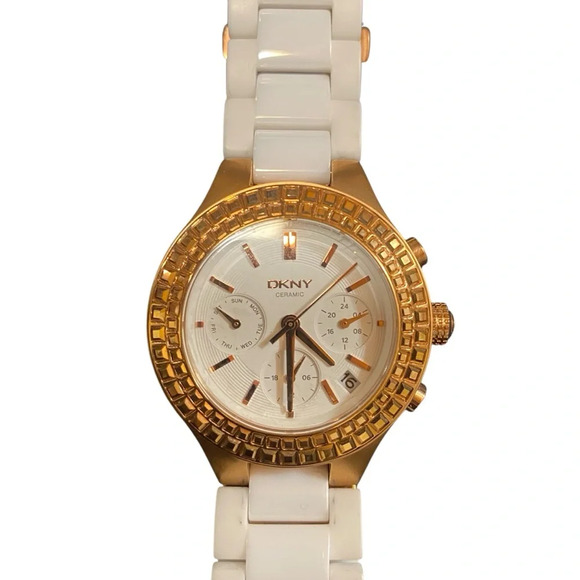 DKNY Women\'s Chronograph Chambers Rose Gold White Ceramic Bracelet Watch NY 2225 main image 12
